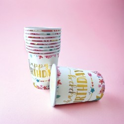 Zestaw kubeczki i talerzyki kwiatki boho złote Happy birthday