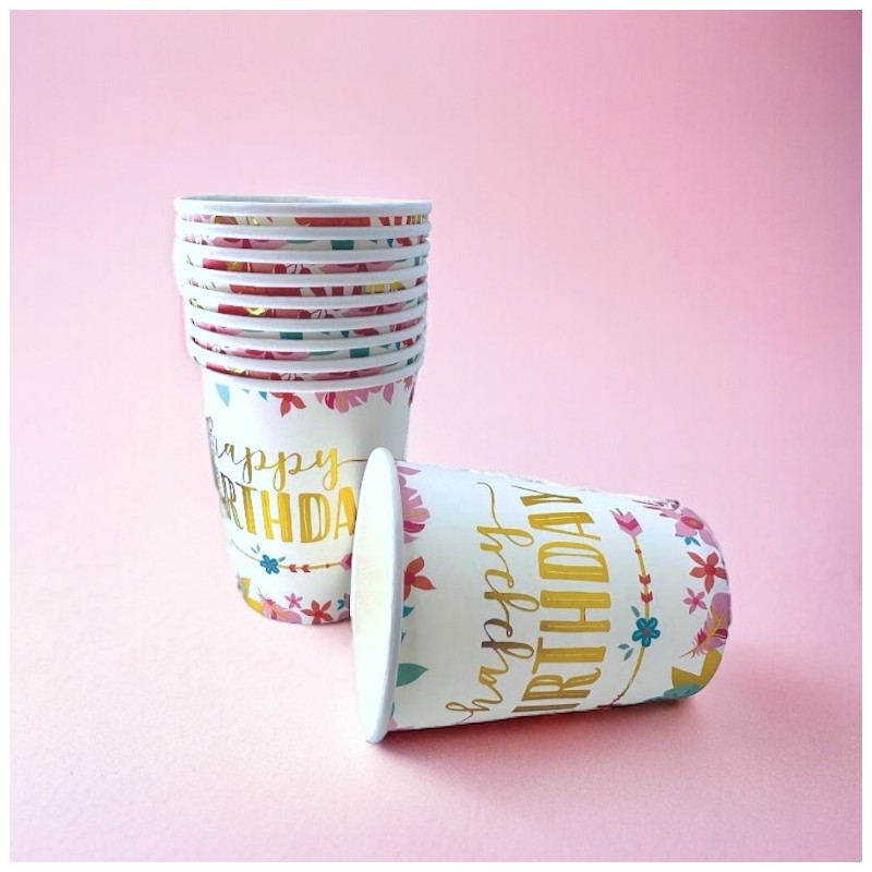 Zestaw kubeczki i talerzyki kwiatki boho złote Happy birthday