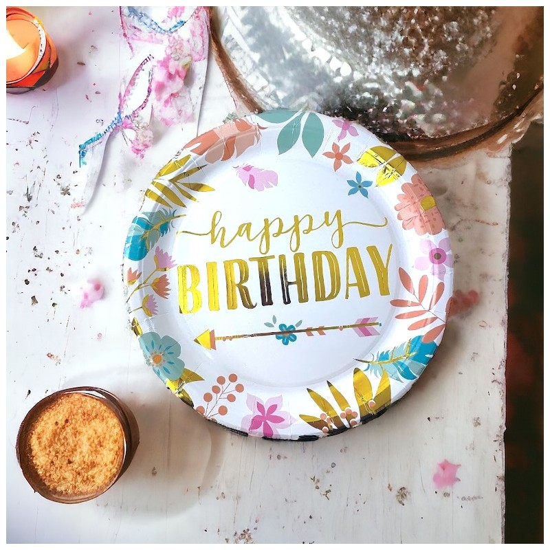 Zestaw kubeczki i talerzyki kwiatki boho złote Happy birthday