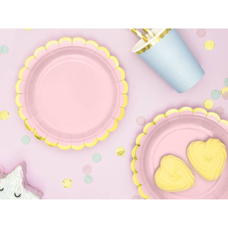 Zestaw 6 osób talerzyki kubeczki jednorazowe różowe złote