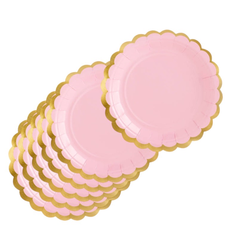 Zestaw 6 osób talerzyki kubeczki jednorazowe różowe złote