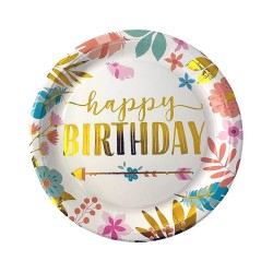 Zestaw kubeczki i talerzyki kwiatki boho złote Happy birthday