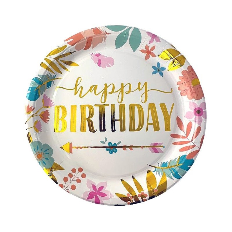 Zestaw kubeczki i talerzyki kwiatki boho złote Happy birthday