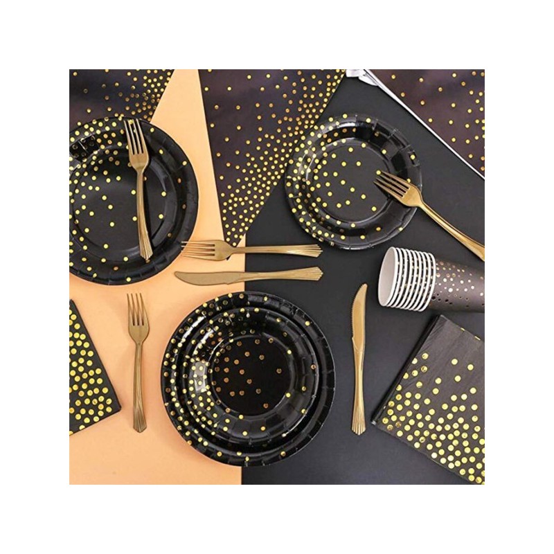 Talerzyki jednorazowe czarne w złote Konfetti groszki 6 szt.