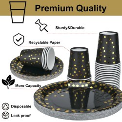 Talerzyki jednorazowe czarne w złote Konfetti groszki 6 szt.