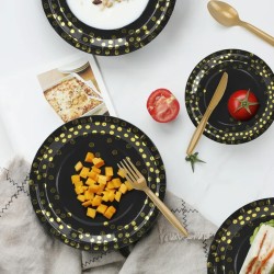 Talerzyki jednorazowe czarne w złote Konfetti groszki 6 szt.