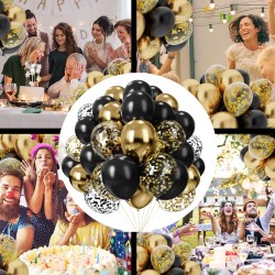 Balony EMPIRE metaliczne czarne chrom złote konfetti 40szt.
