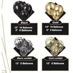 Balony EMPIRE metaliczne czarne chrom złote konfetti 40szt.