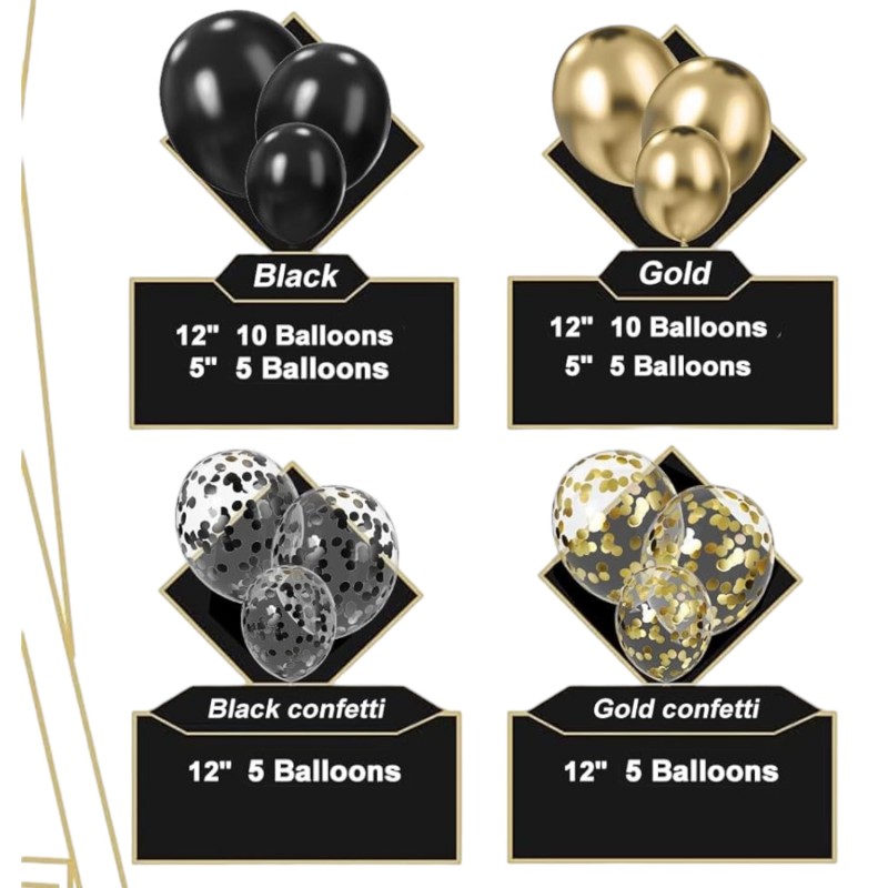 Balony EMPIRE metaliczne czarne chrom złote konfetti 40szt.