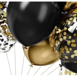 Balony EMPIRE metaliczne czarne chrom złote konfetti 40szt.