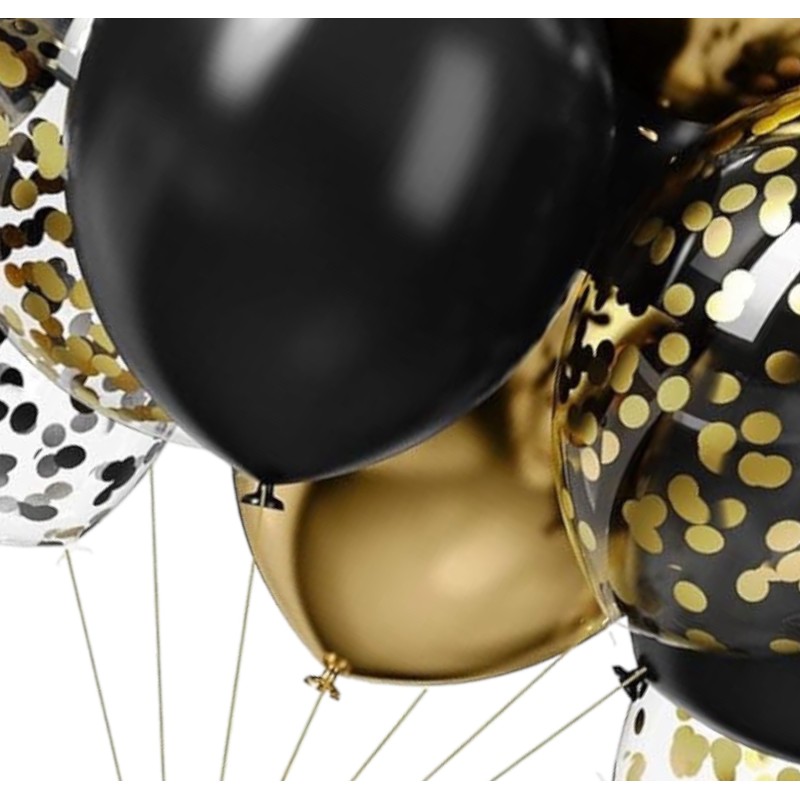 Balony EMPIRE metaliczne czarne chrom złote konfetti 40szt.