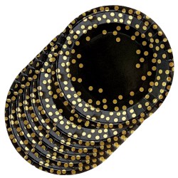 Talerzyki jednorazowe czarne w złote Konfetti groszki 6 szt.