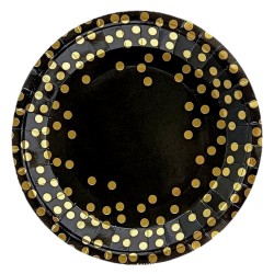Talerzyki jednorazowe czarne w złote Konfetti groszki 6 szt.