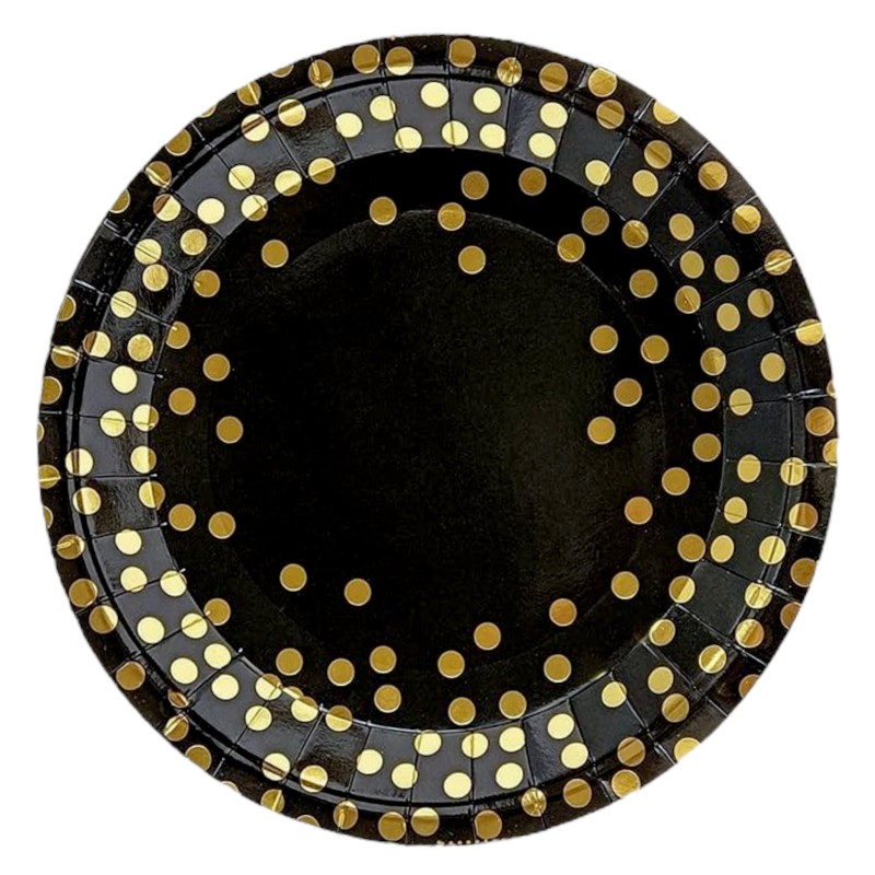 Talerzyki jednorazowe czarne w złote Konfetti groszki 6 szt.