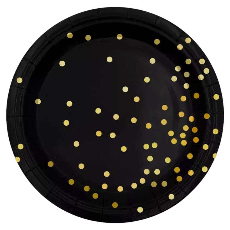 Talerzyki jednorazowe czarne w złote Konfetti groszki 6 szt.