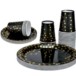 Talerzyki jednorazowe czarne w złote Konfetti groszki 6 szt.