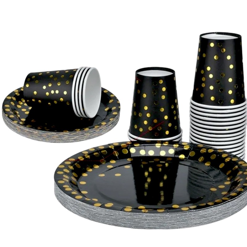 Talerzyki jednorazowe czarne w złote Konfetti groszki 6 szt.