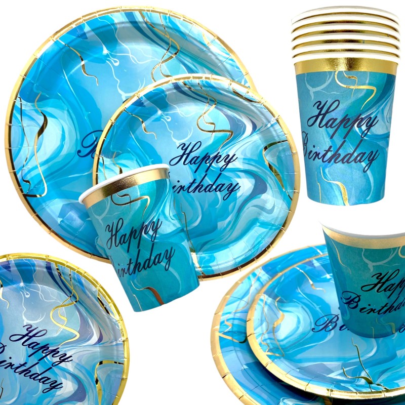 Zestaw talerzyki kubeczki urodzinowe marmurek niebieskie złote