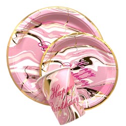 Zestaw talerzyki kubeczki urodzinowe marmurek różowe złote