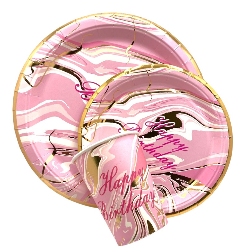 Zestaw talerzyki kubeczki urodzinowe marmurek różowe złote
