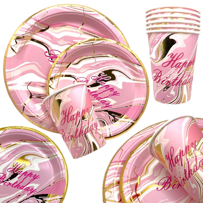 Zestaw talerzyki kubeczki urodzinowe marmurek różowe złote