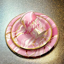 Zestaw talerzyki kubeczki urodzinowe marmurek różowe złote