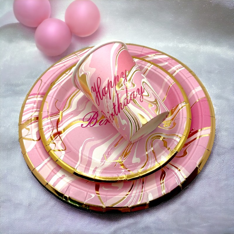 Zestaw talerzyki kubeczki urodzinowe marmurek różowe złote