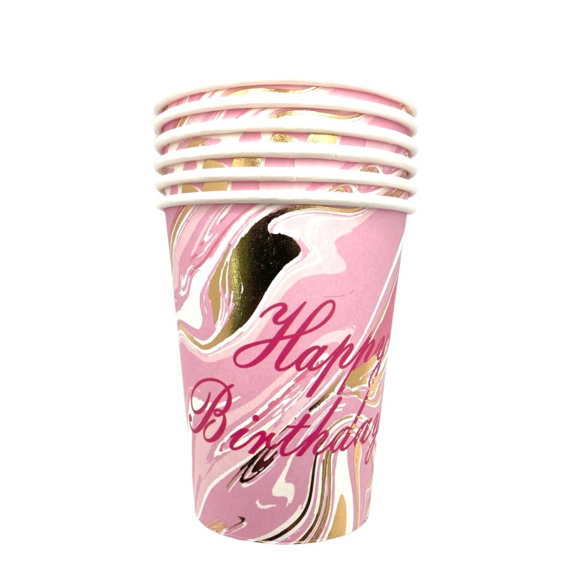 Zestaw talerzyki kubeczki urodzinowe marmurek różowe złote