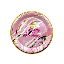 Zestaw talerzyki kubeczki urodzinowe marmurek różowe złote