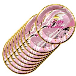 Zestaw talerzyki kubeczki urodzinowe marmurek różowe złote