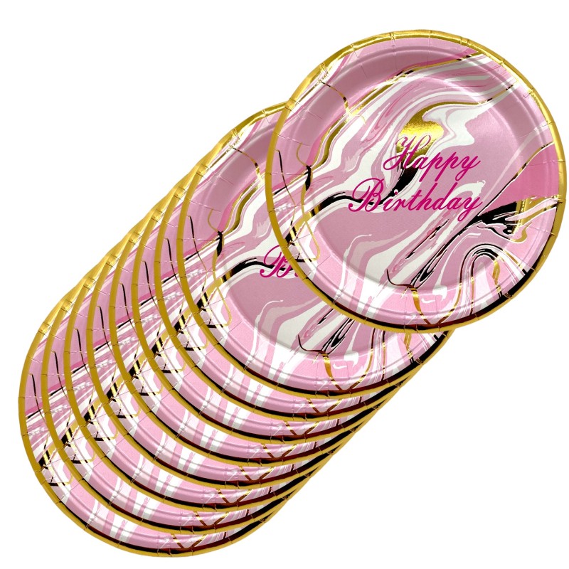 Zestaw talerzyki kubeczki urodzinowe marmurek różowe złote