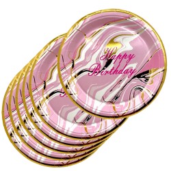 Zestaw talerzyki kubeczki urodzinowe marmurek różowe złote