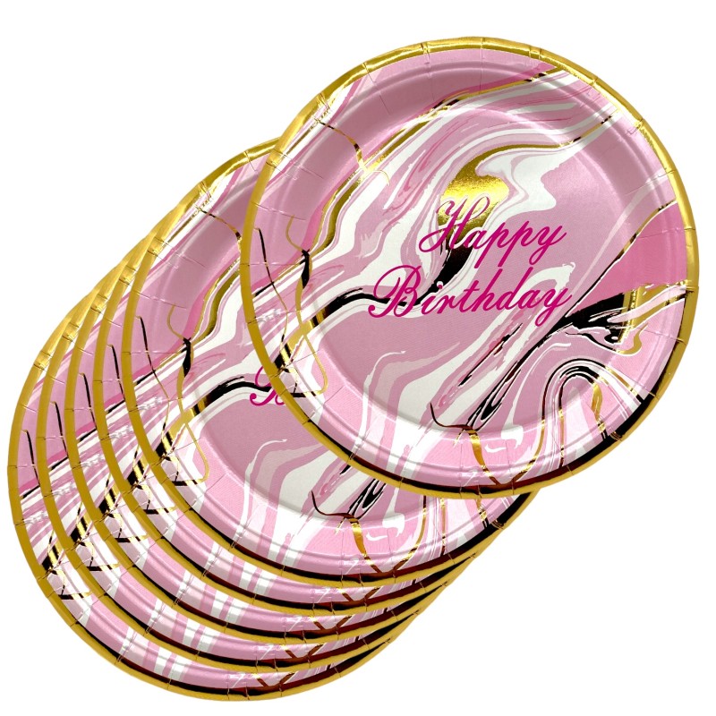 Zestaw talerzyki kubeczki urodzinowe marmurek różowe złote