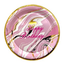 Zestaw talerzyki kubeczki urodzinowe marmurek różowe złote