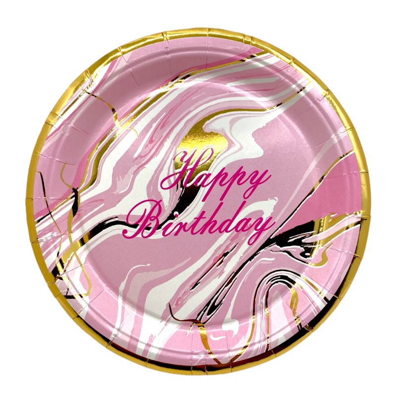 Zestaw talerzyki kubeczki urodzinowe marmurek różowe złote
