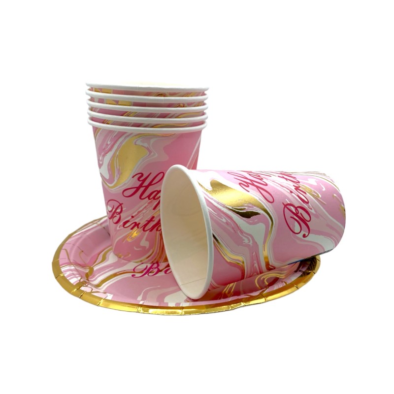 Zestaw talerzyki kubeczki urodzinowe marmurek różowe złote
