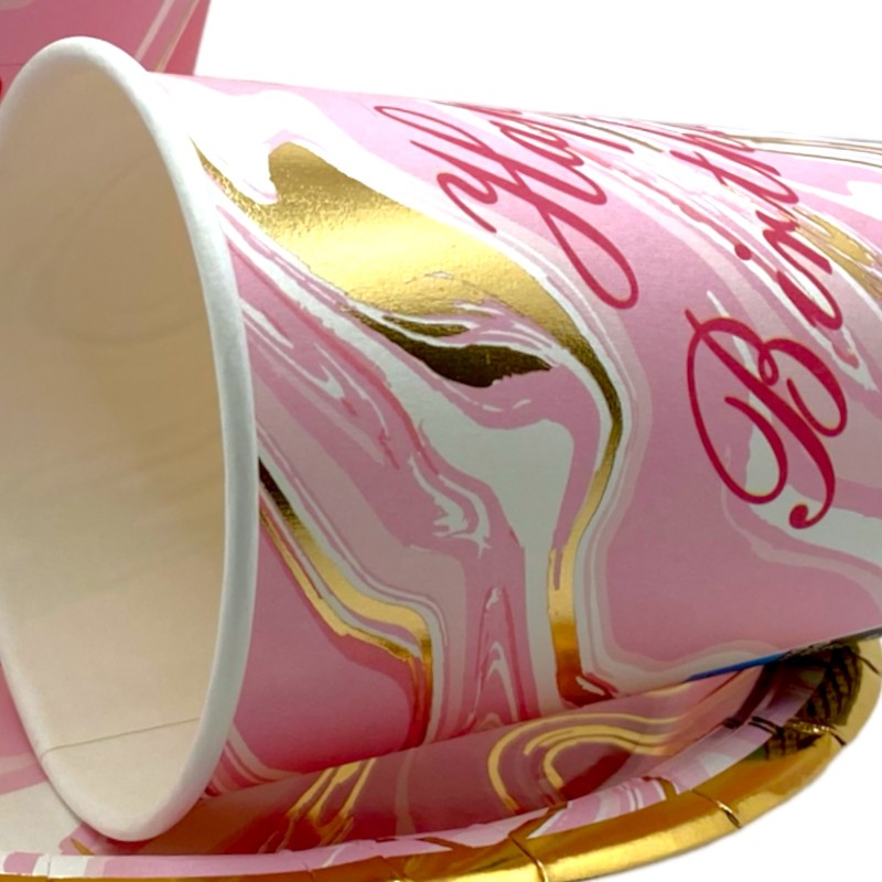 Zestaw talerzyki kubeczki urodzinowe marmurek różowe złote