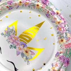 Talerzyki papierowe 23 cm jednorożec kwiatki 10 szt