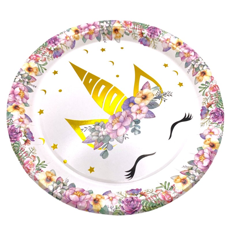 Talerzyki papierowe 18 cm jednorożec kwiatki 10 szt