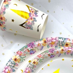 Talerzyki papierowe 18 cm jednorożec kwiatki 10 szt