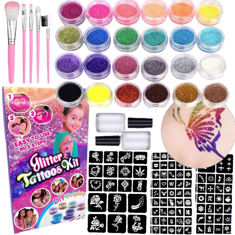 Zestaw do robienia tatuaży Tatuaże brokatowe BROKATY Tattoo Glitter Kit