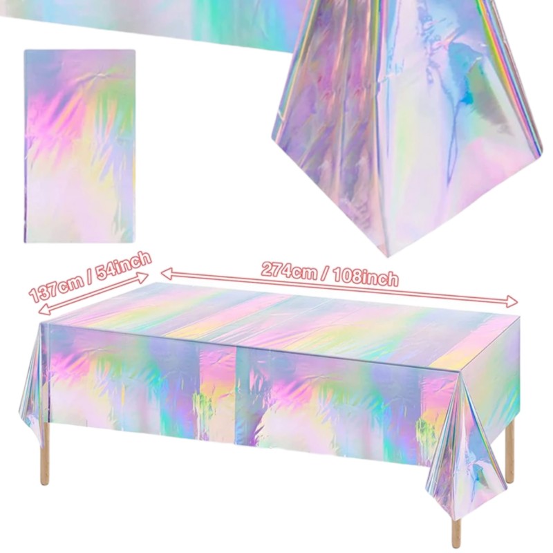 Metaliczny obrus foliowy opalizujący holo srebrny 132x224 cm