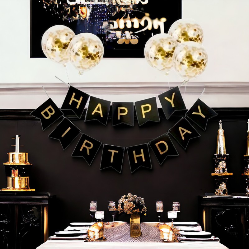 Banner Baner czarny złoty napis Happy Birthday