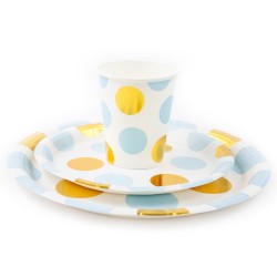 Talerzyki groszki polka dot niebieskie złote 18cm 10szt