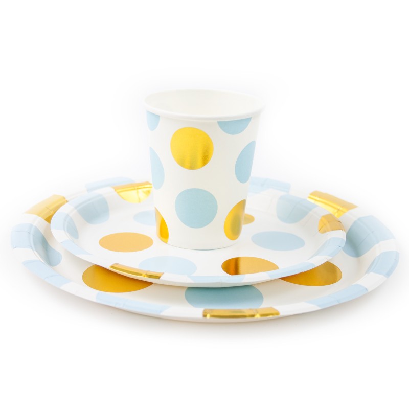 Talerzyki groszki polka dot niebieskie złote 18cm 10szt
