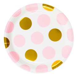 Zestaw Talerzyki Kubeczki groszki polka dot róż złote 30 sztuk