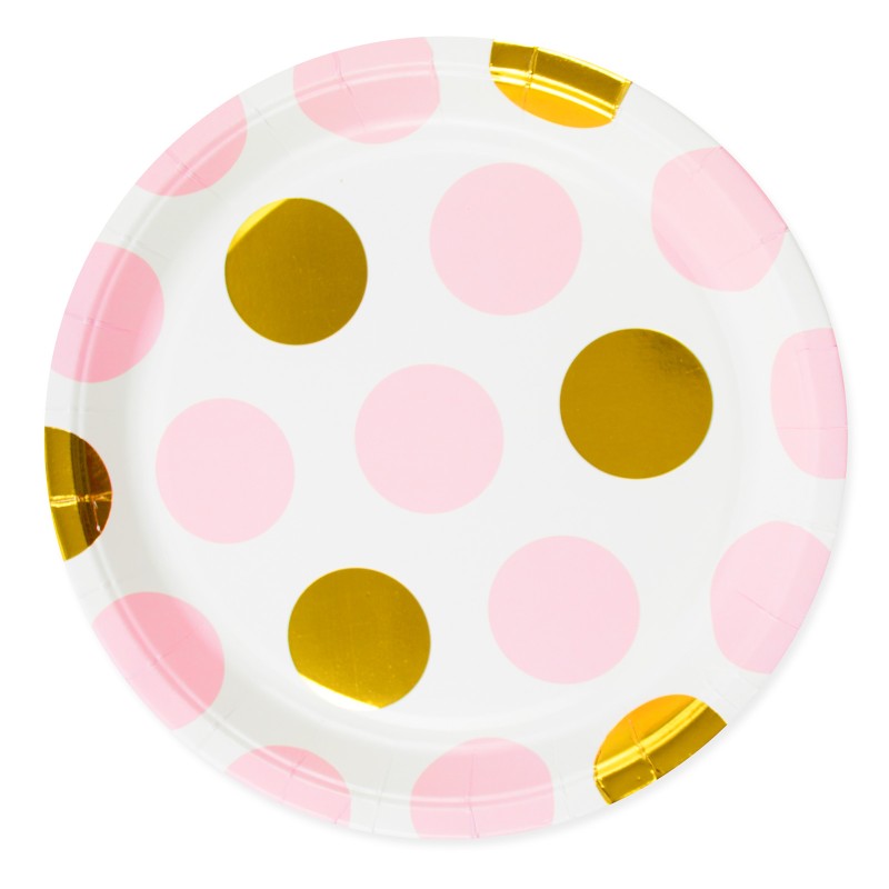 Zestaw Talerzyki Kubeczki groszki polka dot róż złote 30 sztuk