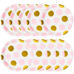 Zestaw Talerzyki Kubeczki groszki polka dot róż złote 30 sztuk