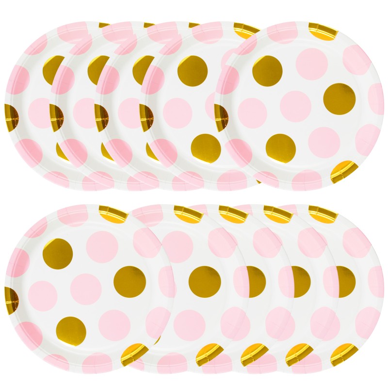 Zestaw Talerzyki Kubeczki groszki polka dot róż złote 30 sztuk