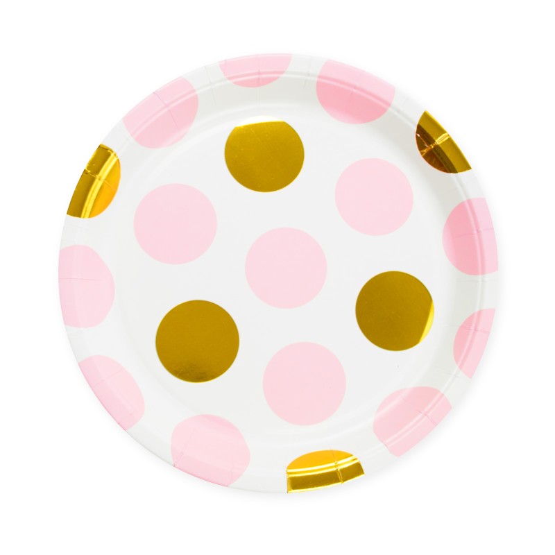 Zestaw Talerzyki Kubeczki groszki polka dot róż złote 30 sztuk